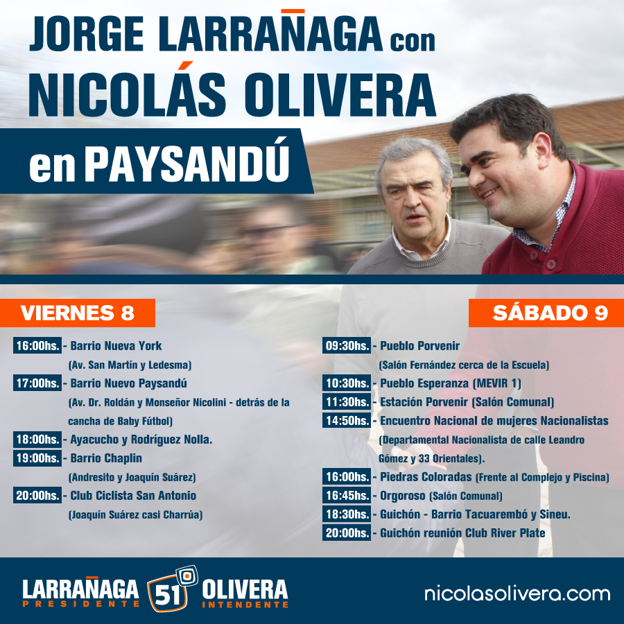 Agenda visita Jorge Larrañaga en Paysandú - Marzo 8 y 9 - 2019